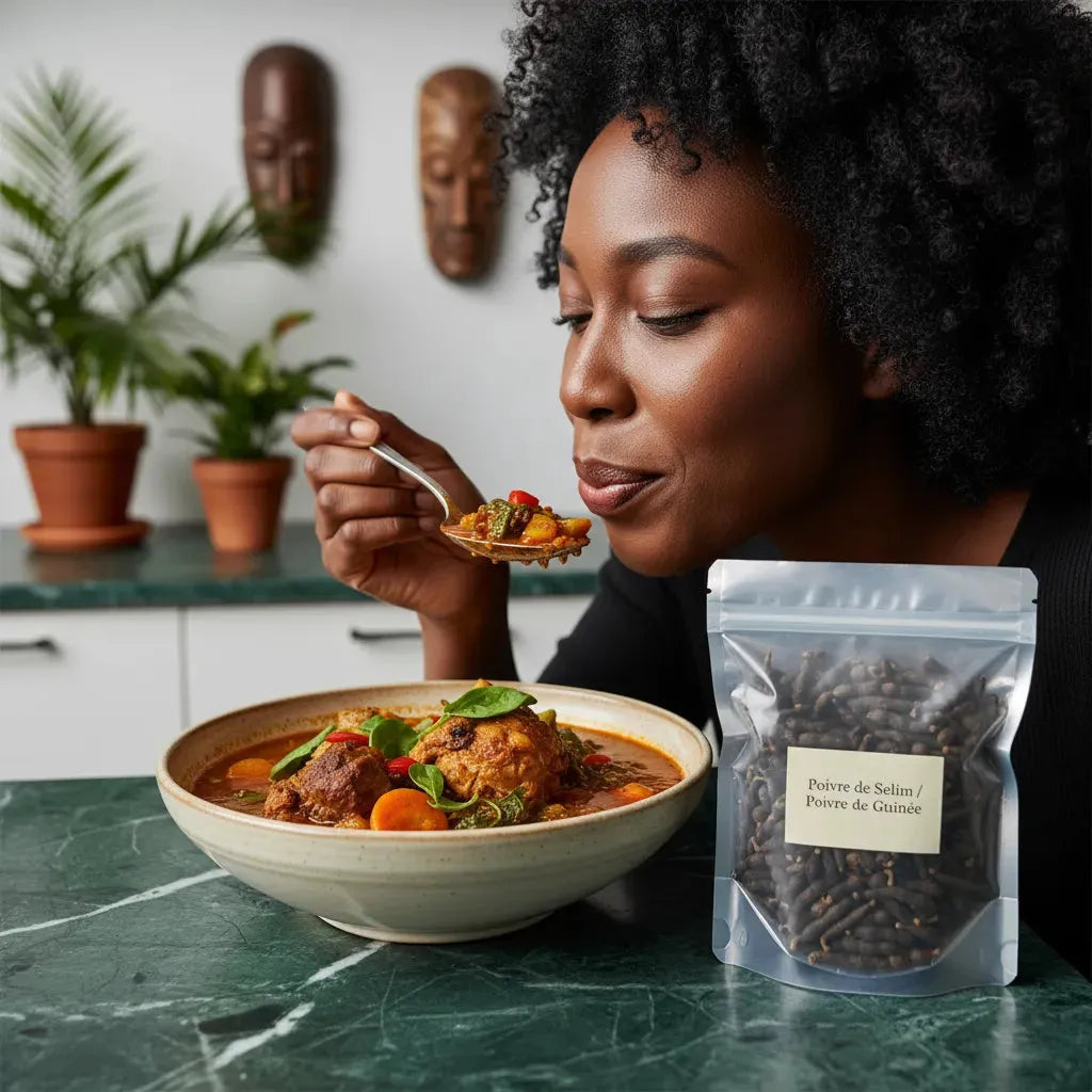 Femme dégustant un plat africain épicé avec Poivre de Guinée, mettant en valeur la richesse culinaire de cette épice rare et savoureuse.